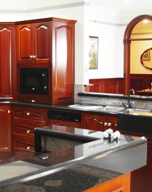 Tradition Solid Timber Kitchens with Adelaide Black Granite Benchtops and Granite Splashbacks by Compass Kitchens of Adelaide